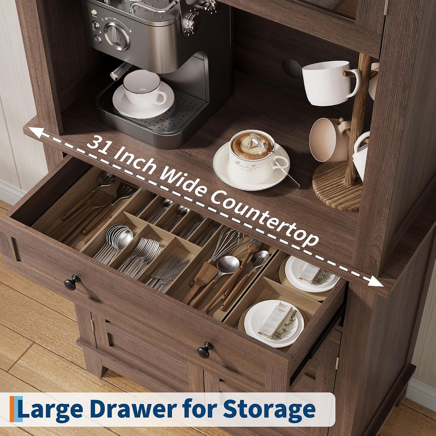 CAIBHOME Modern Kitchen Pantry Storage Cabinet, 72" Tall Coffee Bar Cabinet with 1 Large Storage Drawer, Kitchen Hutch Bar Cabinets, Dining Room, Living Room, Brown