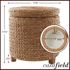 Casafield 17" Round Storage Ottoman with Lid - Cinnamon, Handwoven Water Hyacinth Footstool for Living Room, Bedroom, Bathroom, Home Office