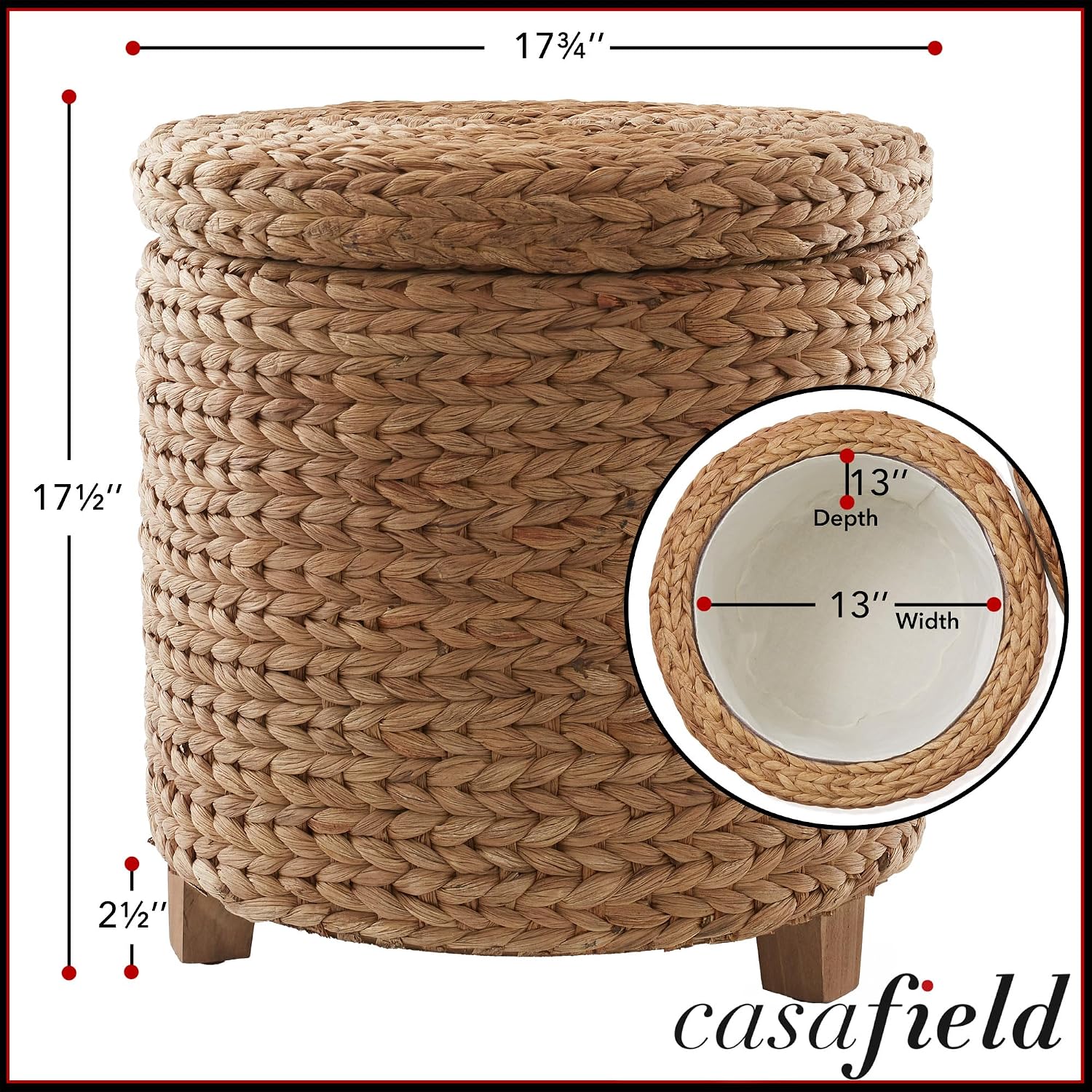 Casafield 17" Round Storage Ottoman with Lid - Cinnamon, Handwoven Water Hyacinth Footstool for Living Room, Bedroom, Bathroom, Home Office