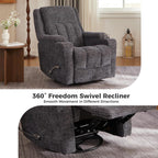 Swivel Rocker Recliner Chair with Dual Cup Holders, 360° Glider Rocking Nursery Armchair, Overstuffed Ergonomic Chenille Reclining Sofa for Living Room, Theater, Gaming, 360 lbs Capacity, Dark Grey