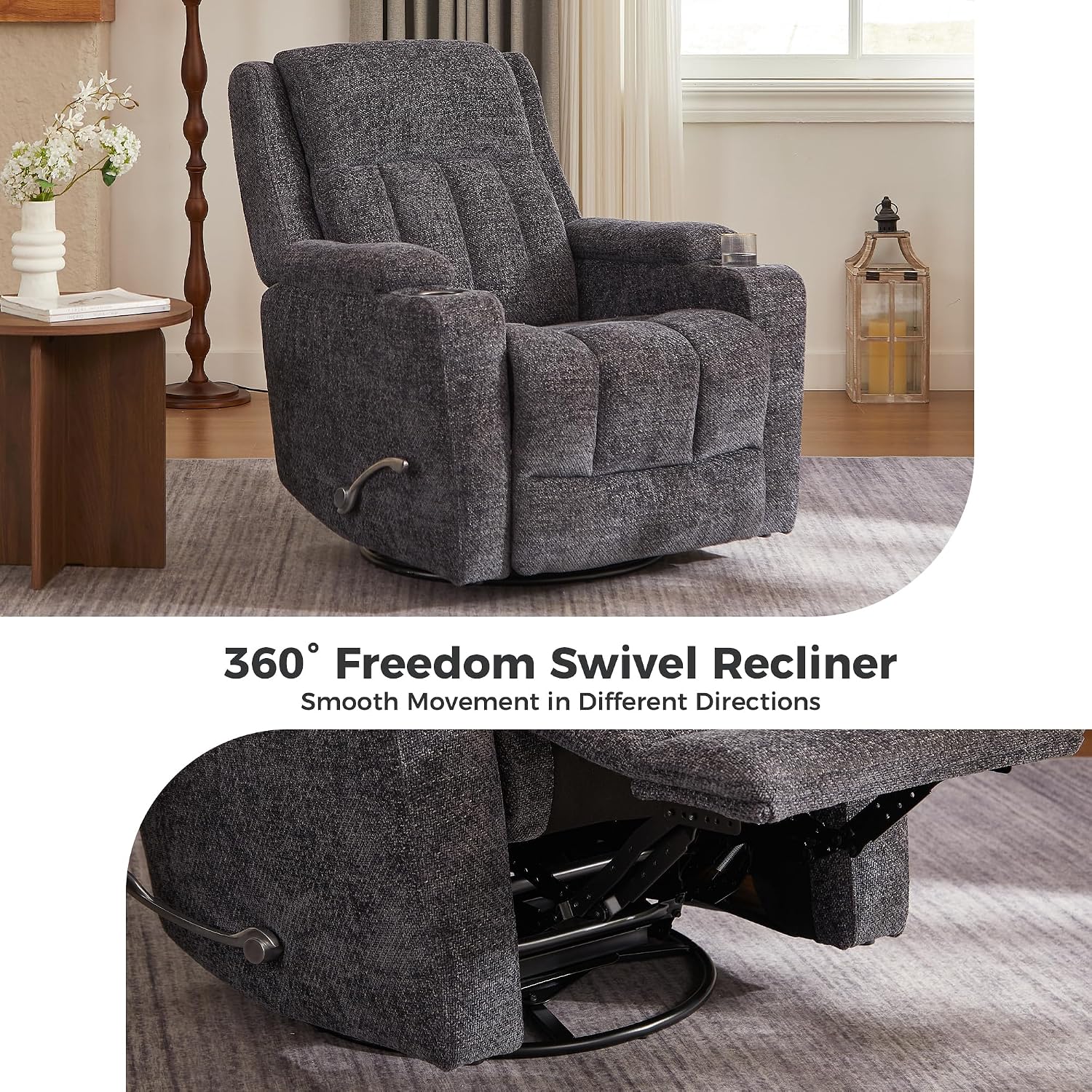 Swivel Rocker Recliner Chair with Dual Cup Holders, 360° Glider Rocking Nursery Armchair, Overstuffed Ergonomic Chenille Reclining Sofa for Living Room, Theater, Gaming, 360 lbs Capacity, Dark Grey