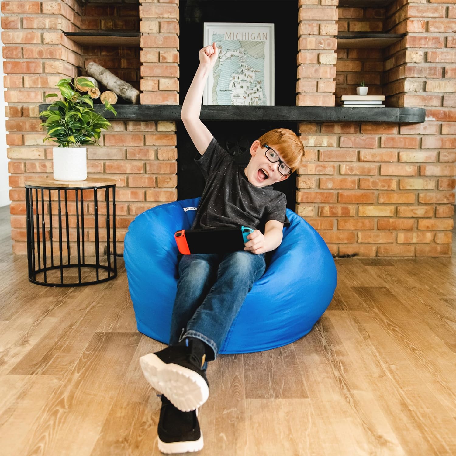 Big Joe Classic Bean Bag Chair for Kids Bedroom and Reading Nook, Easy-Clean Sapphire, Durable Nylon Polyester Blend, 2 feet Refillable
