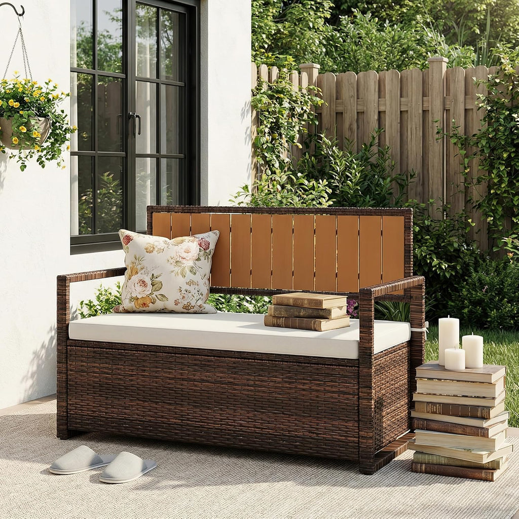 IDEALHOUSE Outdoor Storage Bench with Cushion, PE Rattan Patio Bench with Backrest, Armrests and Metal Frame, Waterproof Deck Box Seat for Porch, Backyard & Poolside, Dark Brown