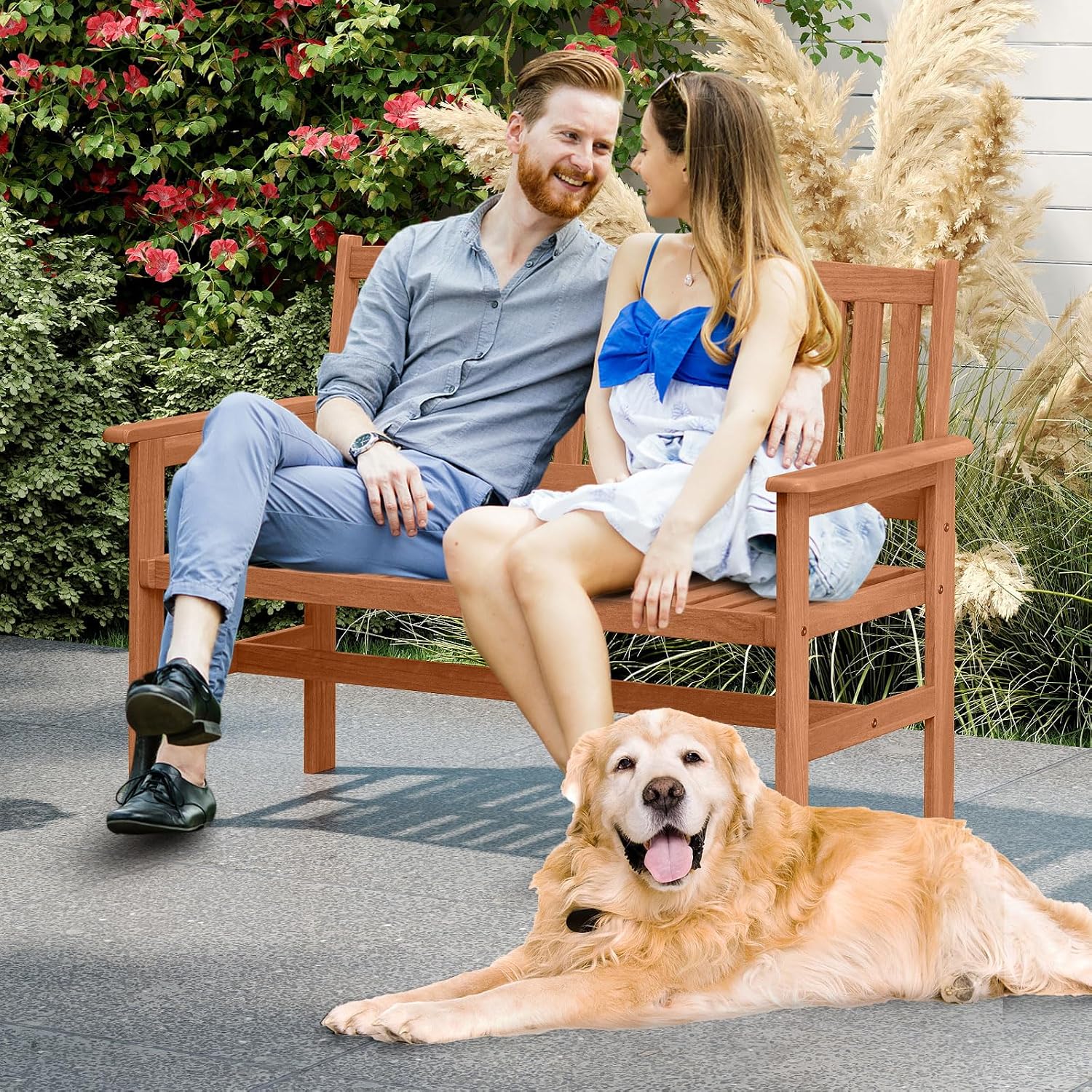 Tangkula Wooden Garden Bench, 2-Person Patio Loveseat with Slatted Backrest and Comfortable Armrests, Outdoor Bench for Porch, Backyard and Park, 530 lbs Weight Capacity
