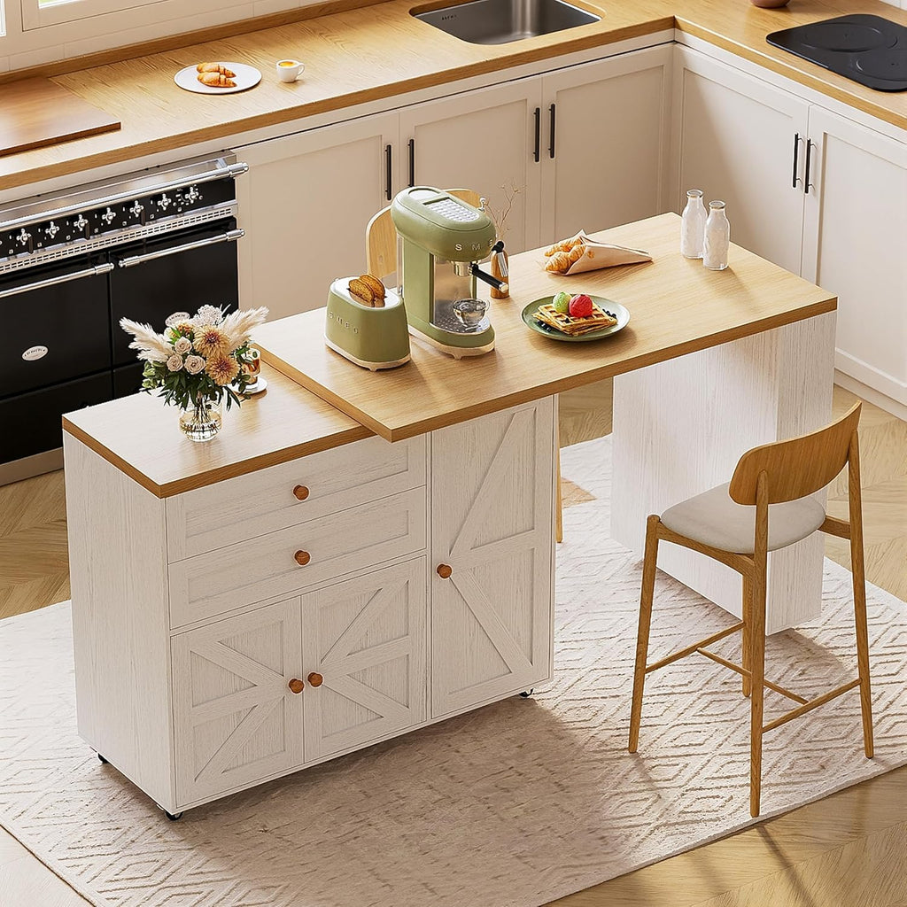 IRONCK Kitchen Island with 360° Swivel Table, 23.6 in Depth Mobile Kitchen Cart with Cabinet, Spice Rack and Drawers, White