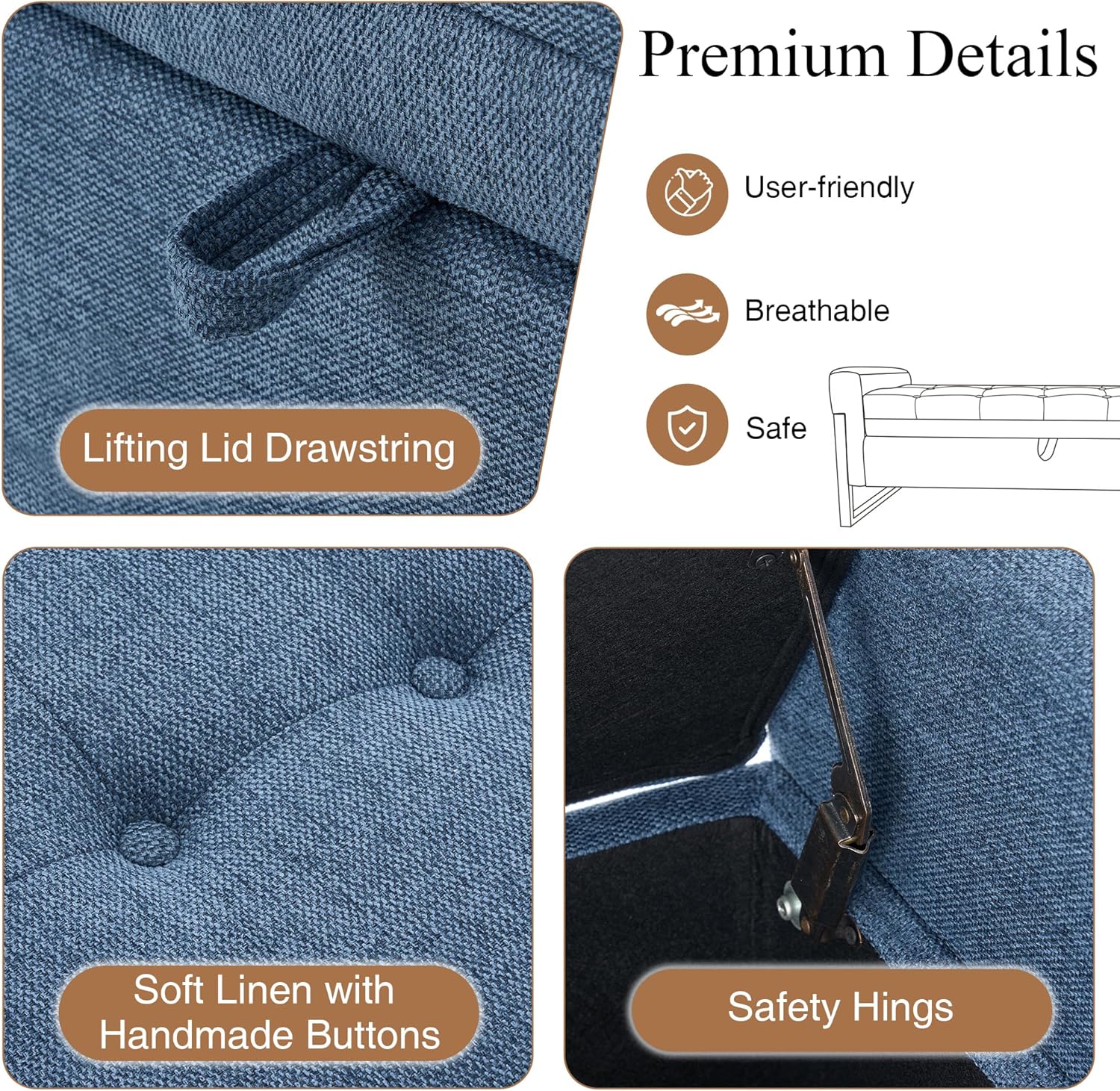 adochr 57" Storage Bench, Linen Upholstered Ottoman with Storage, Large End of Bed Bench with Metal Legs & Button-Tufted,500 lb Capacity, for Living Room, Bedroom, Entryway, Dark Blue
