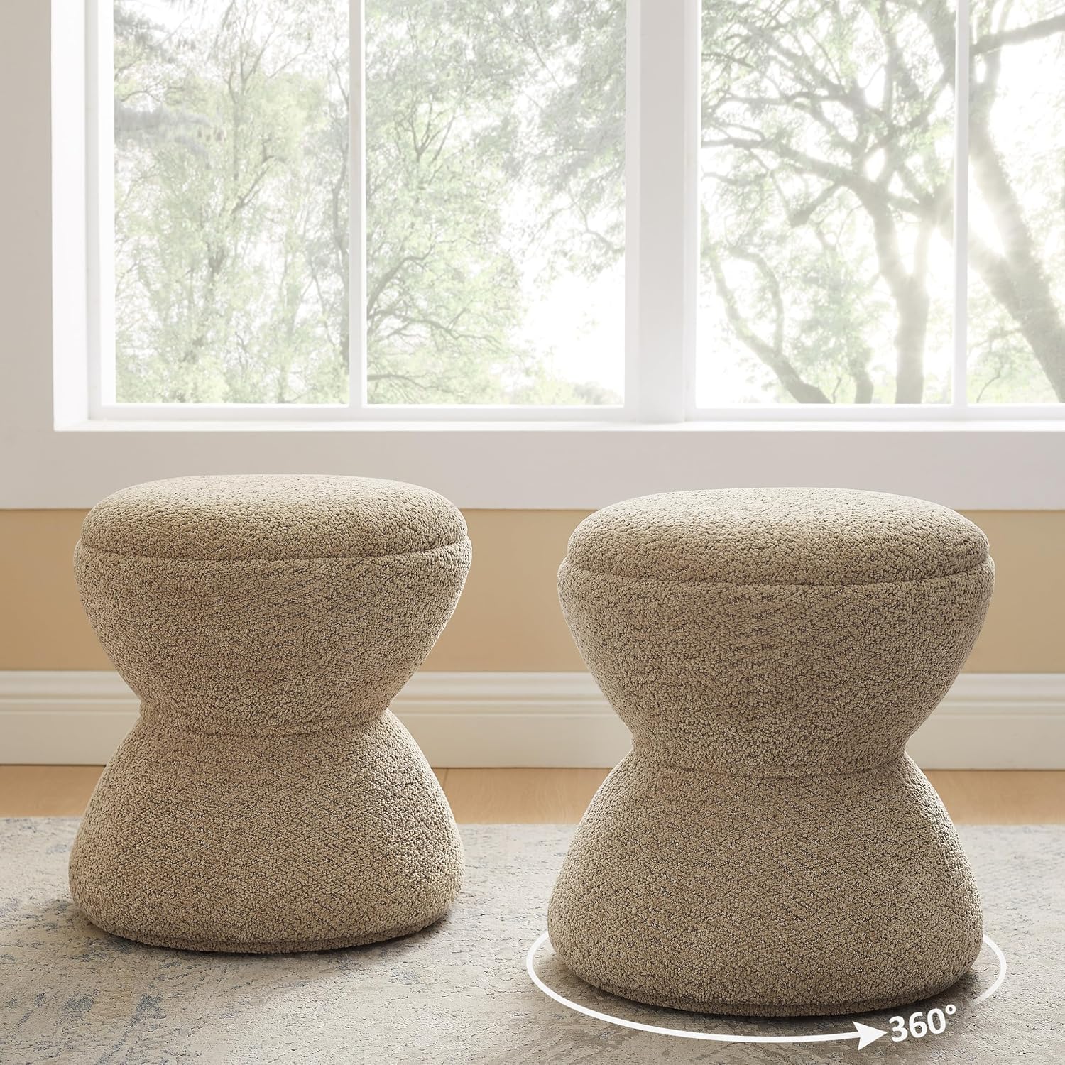 VANOMi Multi-Functional Boucle Ottoman, Set of 2, Vanity Stool Chair, Sturdy Rotating Wooden Footstool, Suitable for Living Room, Bedroom, and Entryway, Without Installation, Swivel, Camel