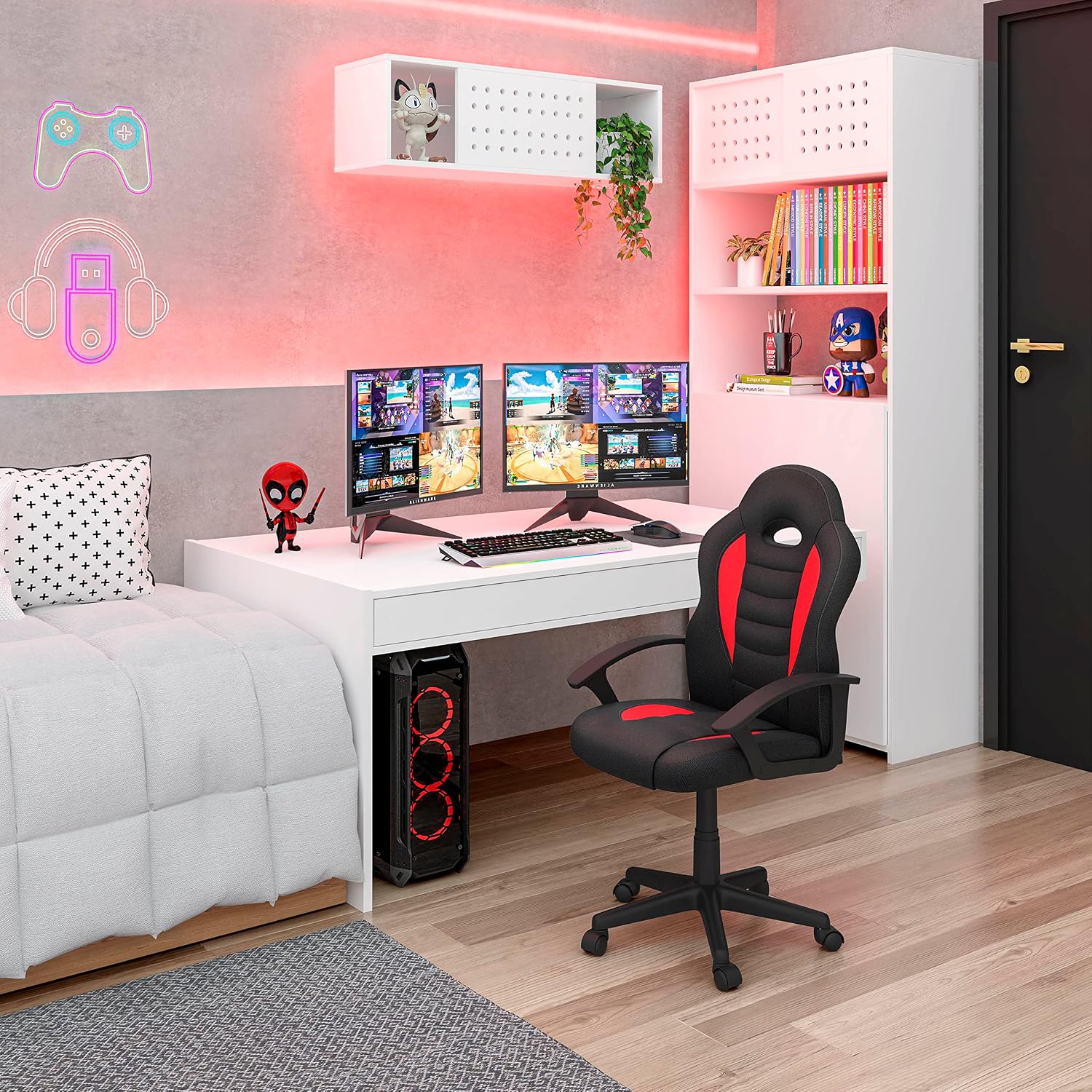 Techni Mobili Kid's Gaming and Student Racer Chair with Wheels, Red 22D x 21.25W x 35.25H in