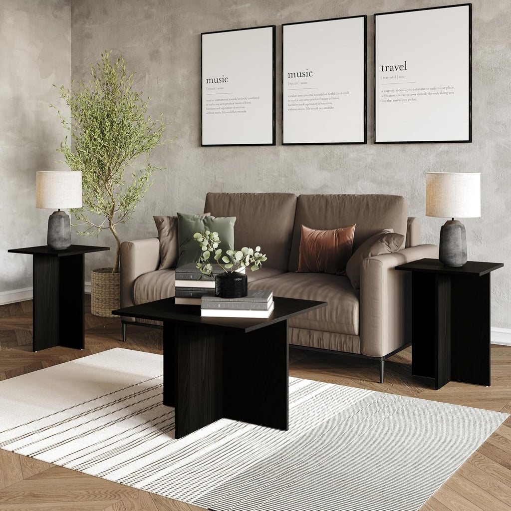 HOME DESIGN Joliet 3 Piece Coffee Table Set 23.6 Inches with Plank-Style Tops, Modern Living Room Furniture, Durable Wood Look, Black