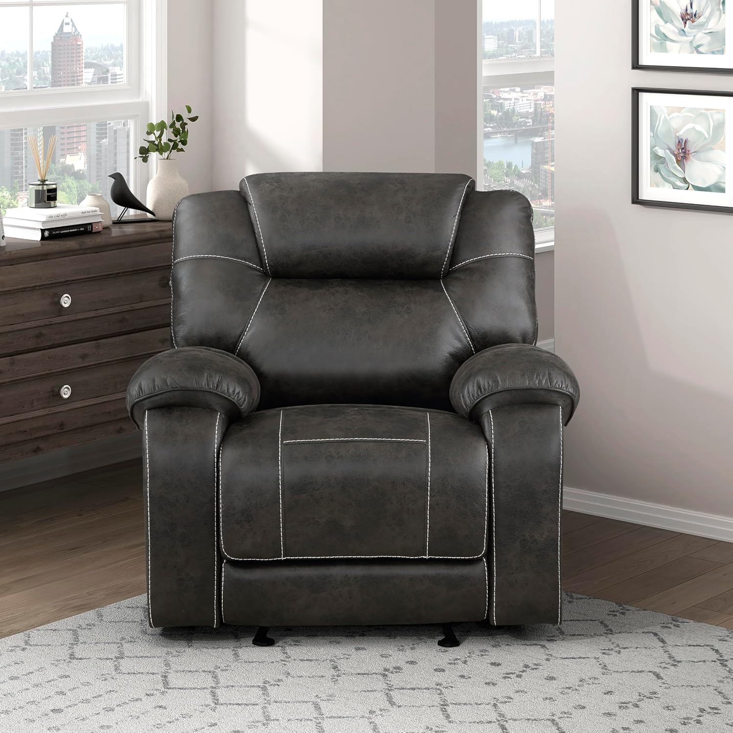Lexicon Manual Glider Recliner Chair, Polished Microfiber Upholstered Manual Tab Pull Reclining Nursery Chair for Living Room, Pillow Top Armrest, Padded Headrest, Easy Assembly, Chocolate