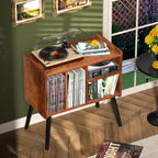 Record Player Table, Mid-Century Record Player Stand with Vinyl Storage Hold Up to 150+ Albums, Vinyl Record Cabinet with Adjustable Shelves, Wood Turntable Stand for Music Living Room (Brown)
