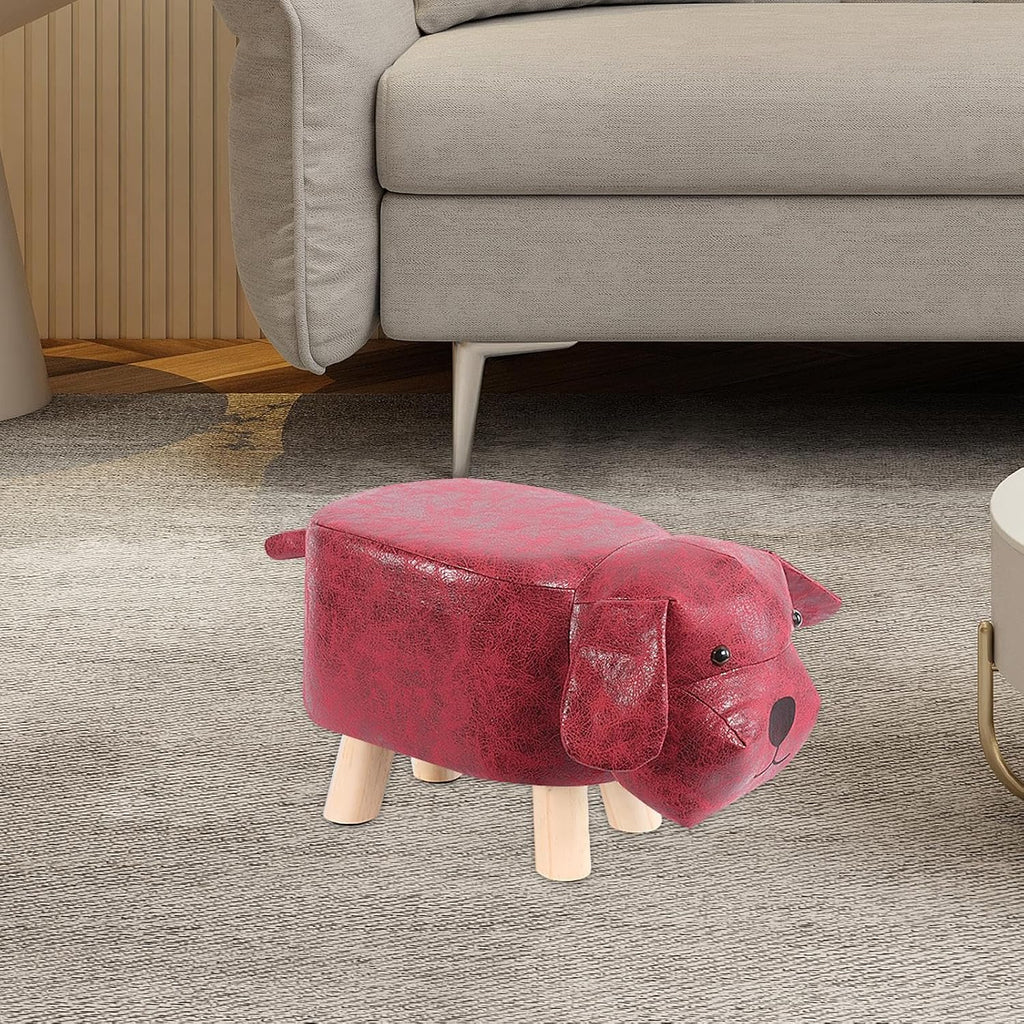 Cartoon Footstool Animal Shaped Padded Ottoman Upholstered Stool with Wooden Frame and Soft Sponge Cushion Suitable for Children Bedroom Playroom, Red