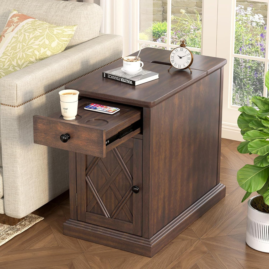 Knocbel Accent Narrow End Table with Hidden USB Ports, Pull-Out Tray, Storage Cabinet and Drawer, Living Room Sofa Couch Side Table Bedroom Bedside Table Nightstand (Retro Espresso)