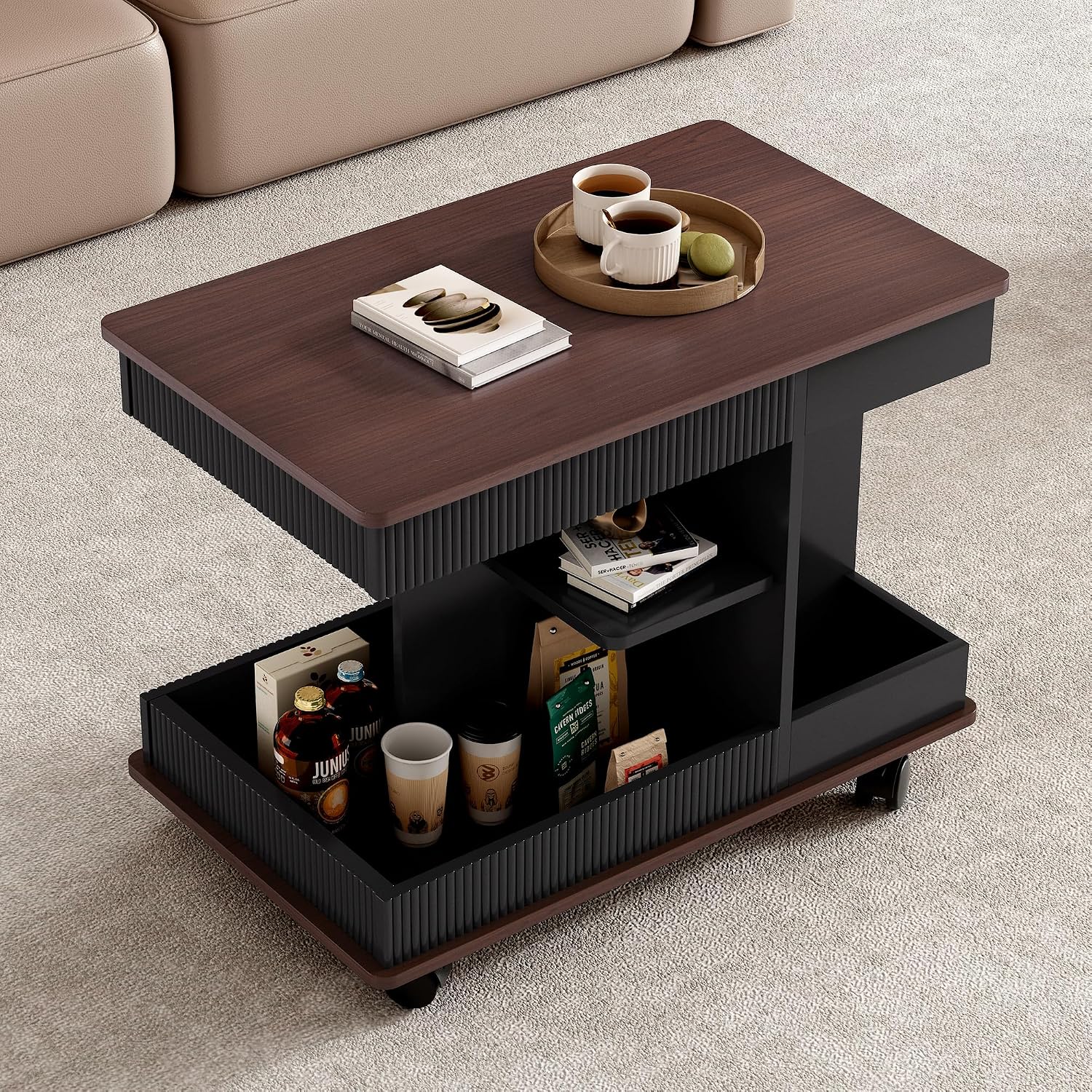 Modern Adjustable End Table with Wheels, 360° Rotating and Adjustable Lift-Top Design, Multifunctional Sofa Side Table with Storage Space for Living Room, Small Space (Black+Brown/508)
