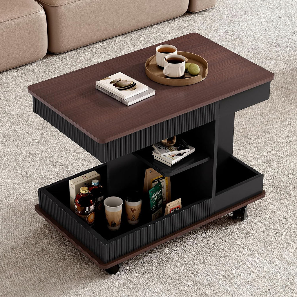 Adjustable Lift-Top End Table with Storage, 360° Rotating Design & Lockable Casters - Modern Mobile Side Table for Living Room, Bedroom, Small Spaces (Black+Brown)