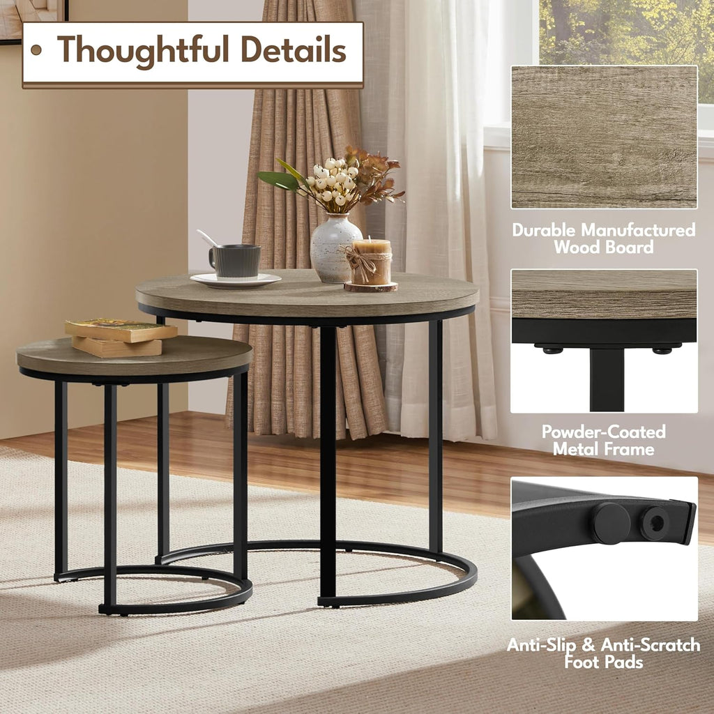 Yaheetech Nesting End Table Set of 2, Rustic Stacking Side Tables, Round Wooden Tabletop and Sturdy Metal Base for Living Room, Tea Room, Small Space, Gray | Nesting Table