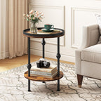 Farmhouse Round Side Table with Storage Shelf,2 Tier End Table with Raised Edge Tray Top,Accent Sofa Table for Small Space,Living Room,Bedroom,Rustic Brown