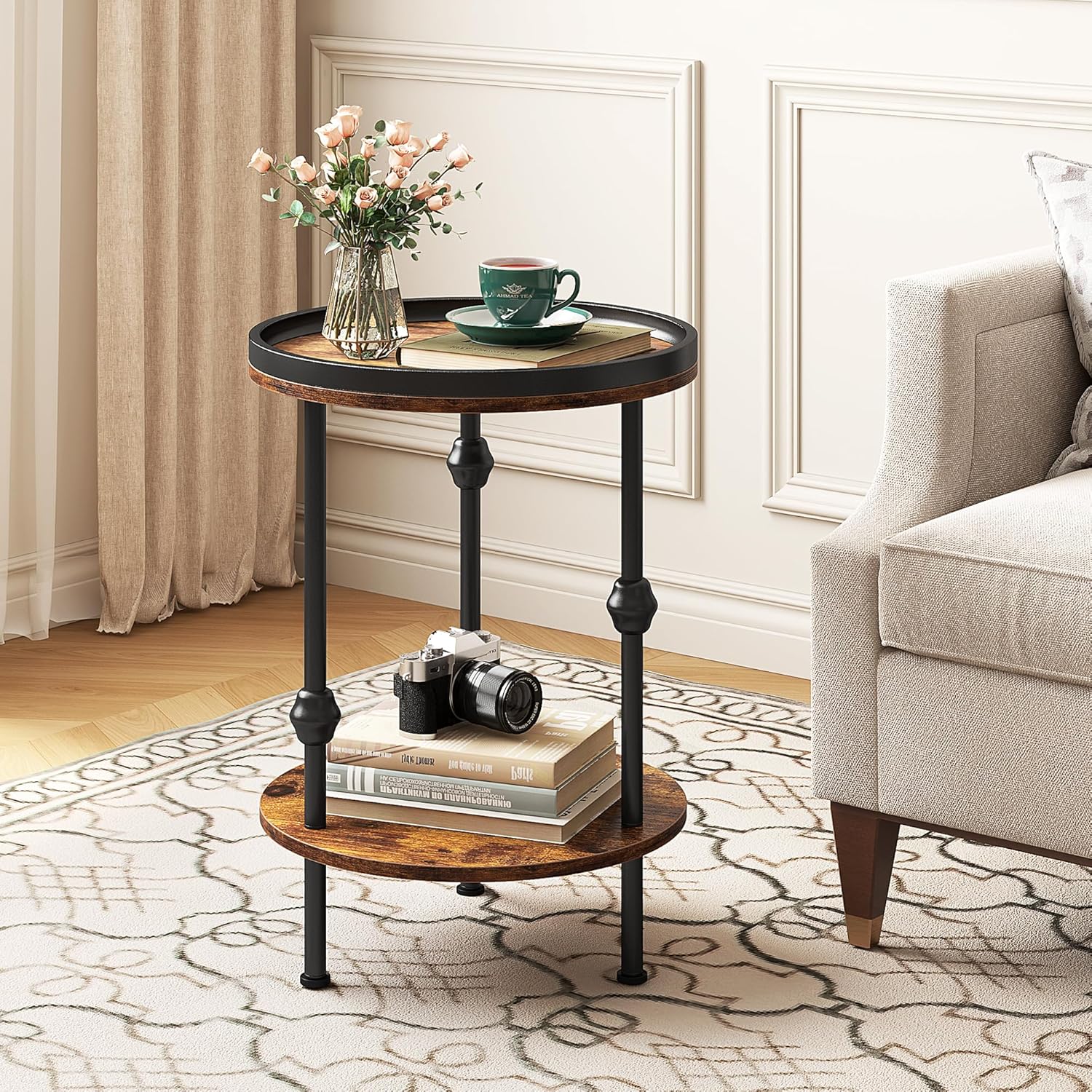 Farmhouse Round Side Table with Storage Shelf,2 Tier End Table with Raised Edge Tray Top,Accent Sofa Table for Small Space,Living Room,Bedroom,Rustic Brown