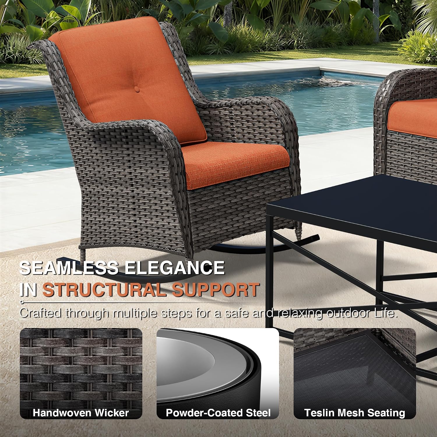 Joyside Outdoor Rocking Chair, Wicker Patio Furniture with High Back, Deep Seating, Wide Armrest, Thickened Cushions, Outdoor Rattan Furniture for Deck, Porch Use