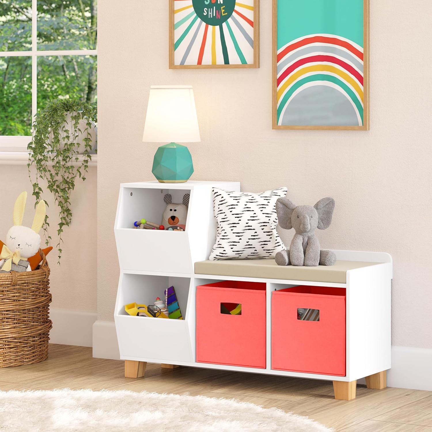 RiverRidge Kids Catch-All Toy Storage Organizer Bench with Cubbies & Toy Bins for Playroom - Cubby Organizer