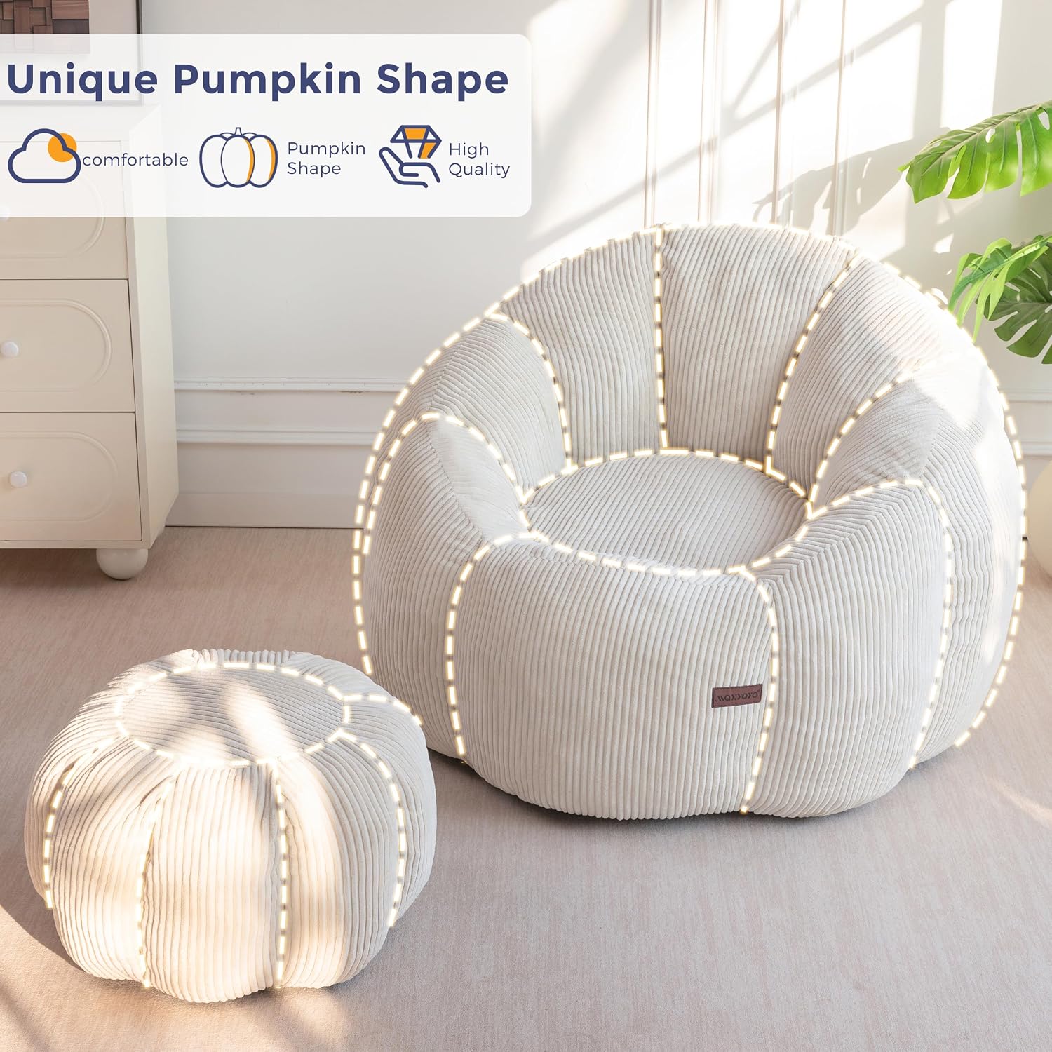 MAXYOYO Bean Bag Chair with Ottoman, Giant Pumpkin Lounge Chair for Adults | Oversized Bean Bag Chair with Footstool, Comfy and Lazy Lounge Boneless Chair for Dorm, Living Room, Bedroom, Beige