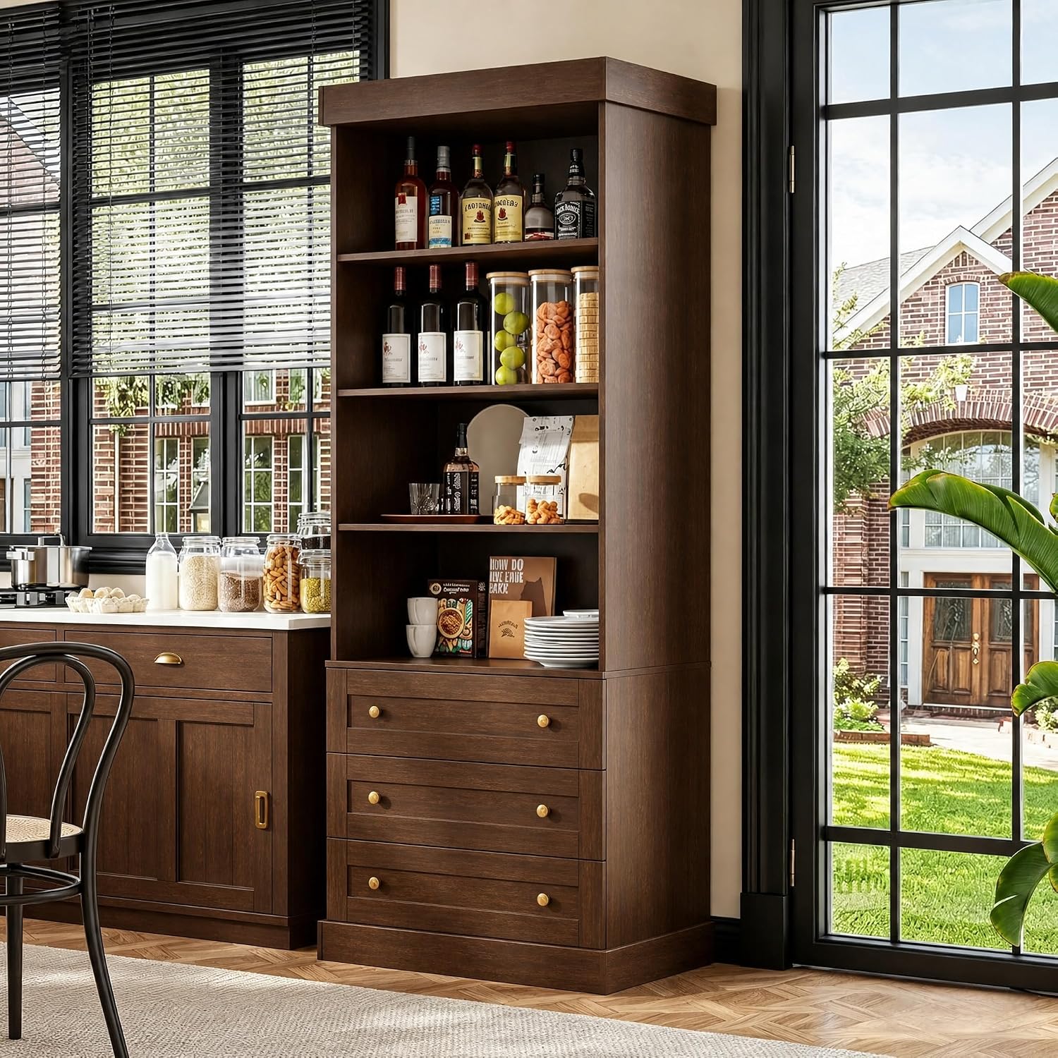 Vyre 71" Tall Farmhouse Kitchen Pantry, Set of 3 Large Storage Cabinets with Glass Doors, Hutch Cabinet with Drawers, Adjustable Shelves for Living Room, Dining Room, Dark Brown