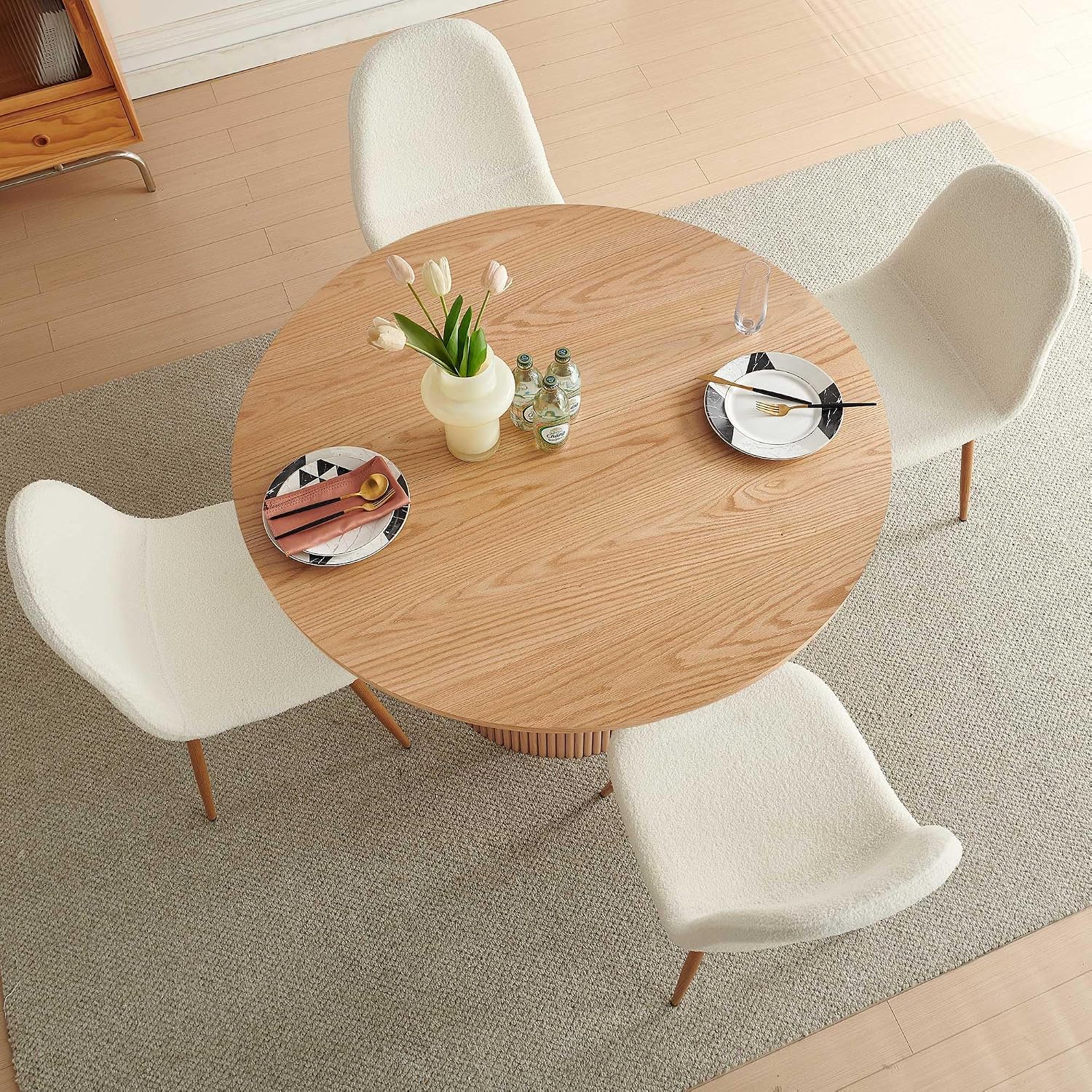 Dining Table Set for 4, Mid Century Modern 47 Inch Wooden Round Dining Table Set, Space Saving (Table + 4 White Chairs)