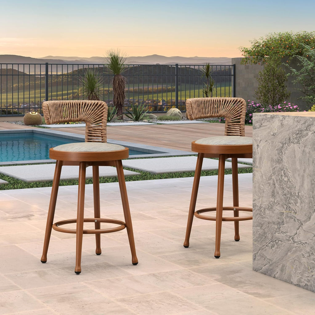 PURPLE LEAF Outdoor Swivel Counter Height Stools Set of 4 Metal Modern Rattan Bar Chairs with Backrest Aluminum Woven Barstools with Cushions for Kitchen Balcony Garden Indoor Teak