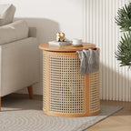 Merax 15.7" Round End Table Artistic Rattan Hollow Woven Accent Side Table, Rubber Wood Nightstand, Chic Home Decor for Living Room Bedroom, Easy Assembly, Natural Color