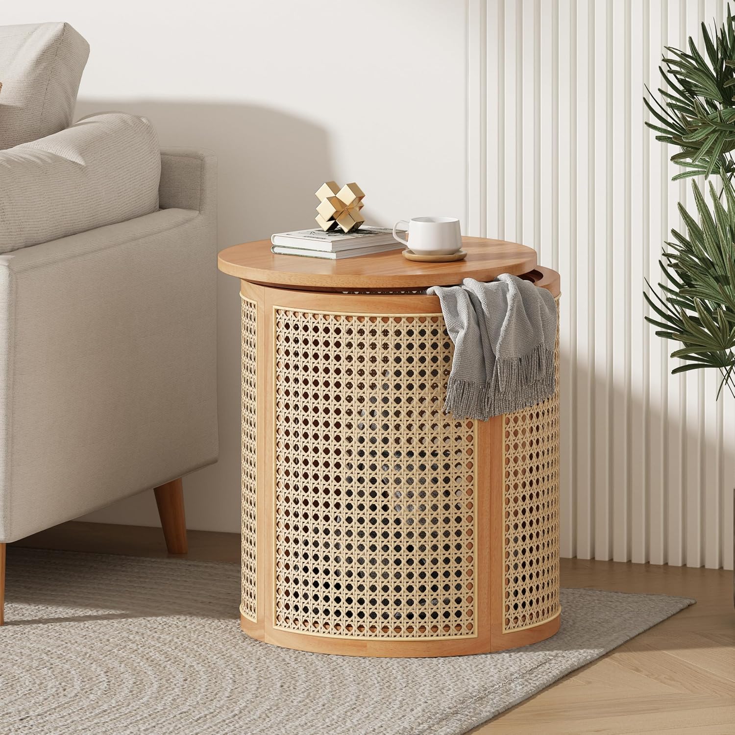 Merax 15.7" Round End Table Artistic Rattan Hollow Woven Accent Side Table, Rubber Wood Nightstand, Chic Home Decor for Living Room Bedroom, Easy Assembly, Natural Color