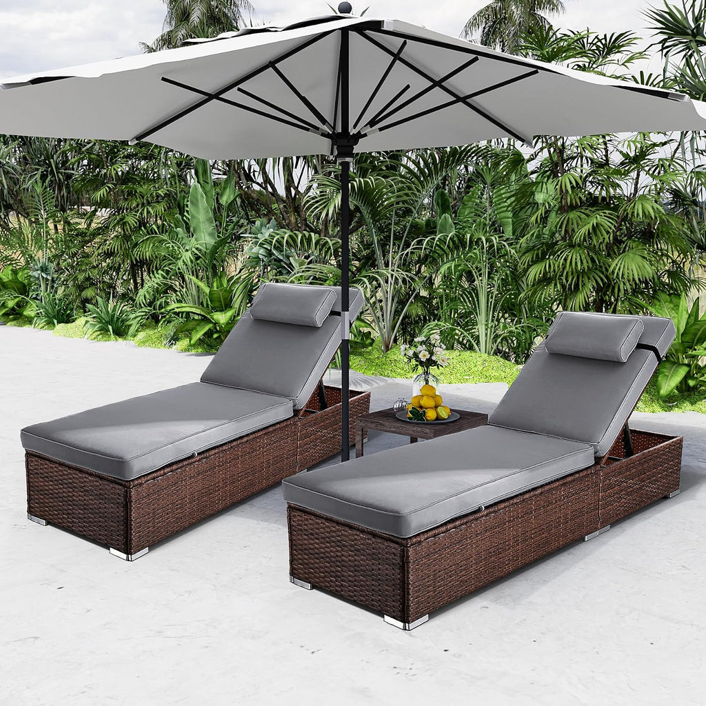 Rophefx Outdoor PE Wicker Patio Lounge Chairs Set of 2, Outside Rattan Pool Lounge Chair with Cup Holder & Adjustable Backrest, Brown Rattan Recliners for Poolside Deck Beach Yard (Grey Cushions)