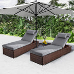 Rophefx Outdoor PE Wicker Patio Lounge Chairs Set of 2, Outside Rattan Pool Lounge Chair with Cup Holder & Adjustable Backrest, Brown Rattan Recliners for Poolside Deck Beach Yard (Grey Cushions)