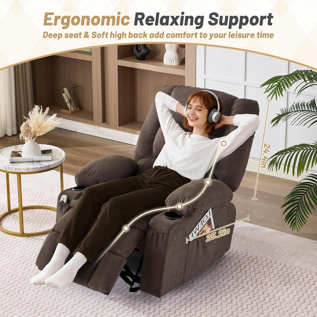 Rocker Recliner Chair with Massage and Heat, Nursery Rocking Chairs for Living Room, Ergonomic Comfy Relining Chair with Cup Holders, USB Charge Port, Side Pockets, Comfortable Arms, Brown
