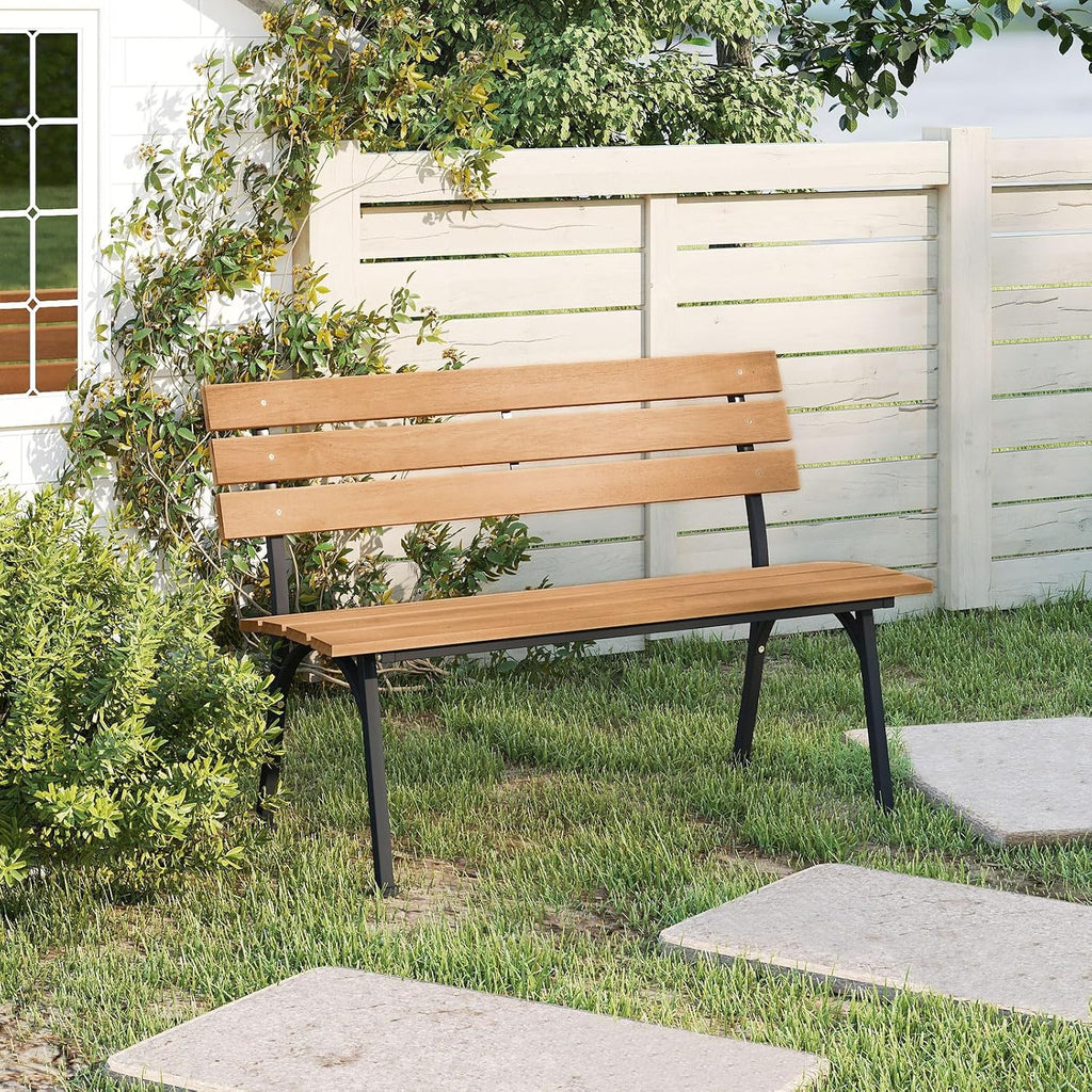 Tangkula Acacia Wood Outdoor Bench with Backrest, Patio Loveseat with Heavy Duty Metal Frame, Slatted Backrest and Seat, Park Bench for Outside Front Porch, Garden and Backyard