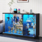 Gurexl 47.2" W Glass Display Cabinet with 3-Color LED Lights, 5-Tier Lockable Curio Cabinet with Human Body Sensor & Charging Station, Display Case for Collectibles, Living Room, Kitchen, Black