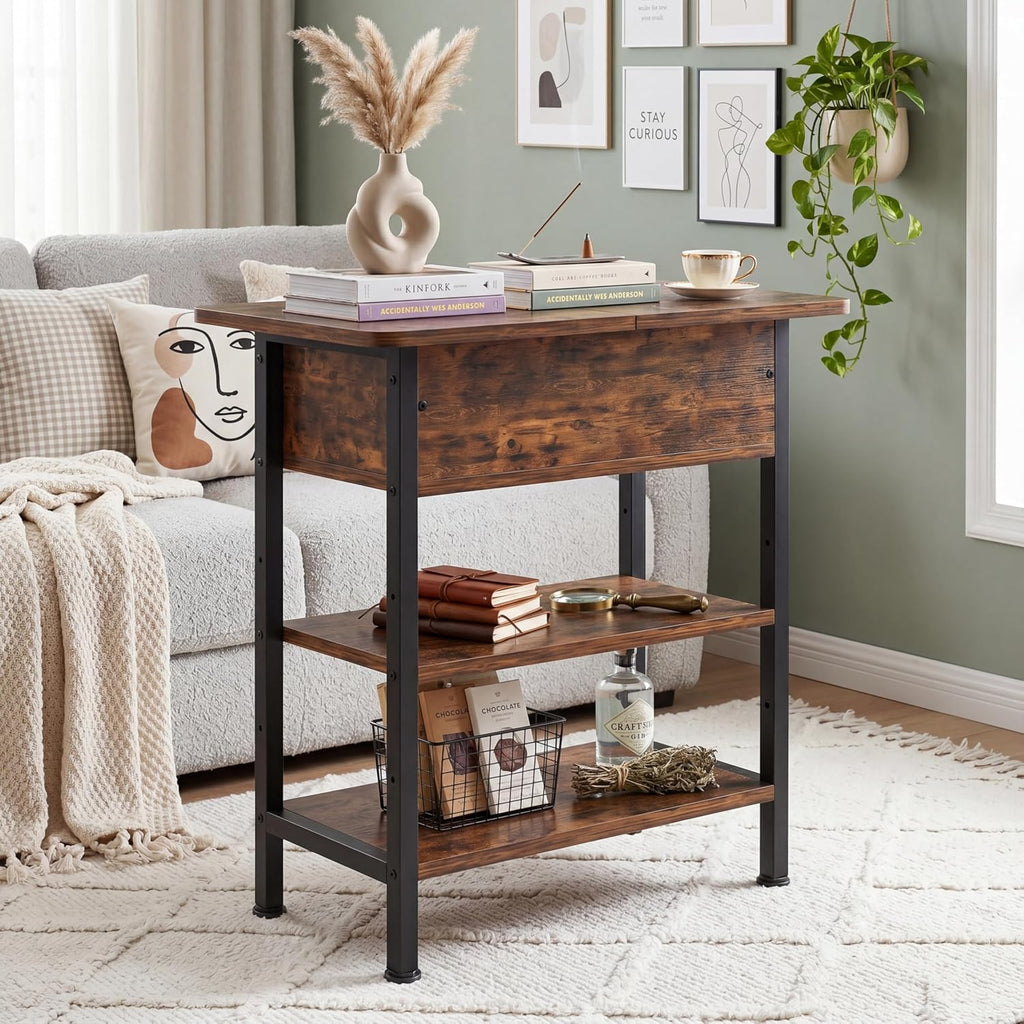 GRUSIGN End Table with Charging Station, Flip Top Side Table with USB Ports and Outlets, 3-Tier Small Side Table with Storage for Small Space, End Tables for Living Room/Bedroom, Black