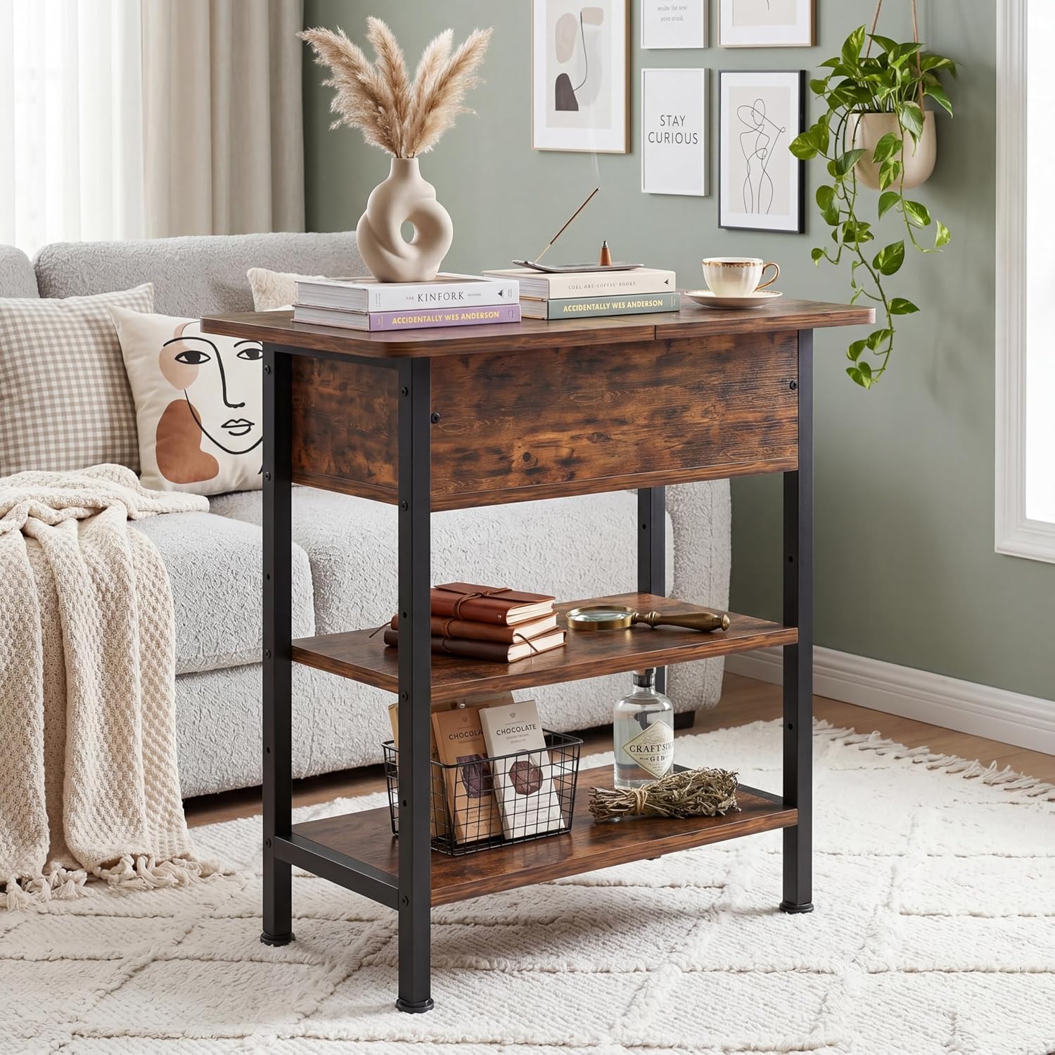 GRUSIGN End Table with Charging Station, Flip Top Side Table with USB Ports and Outlets, 3-Tier Small Side Table with Storage for Small Space, End Tables for Living Room/Bedroom, Black