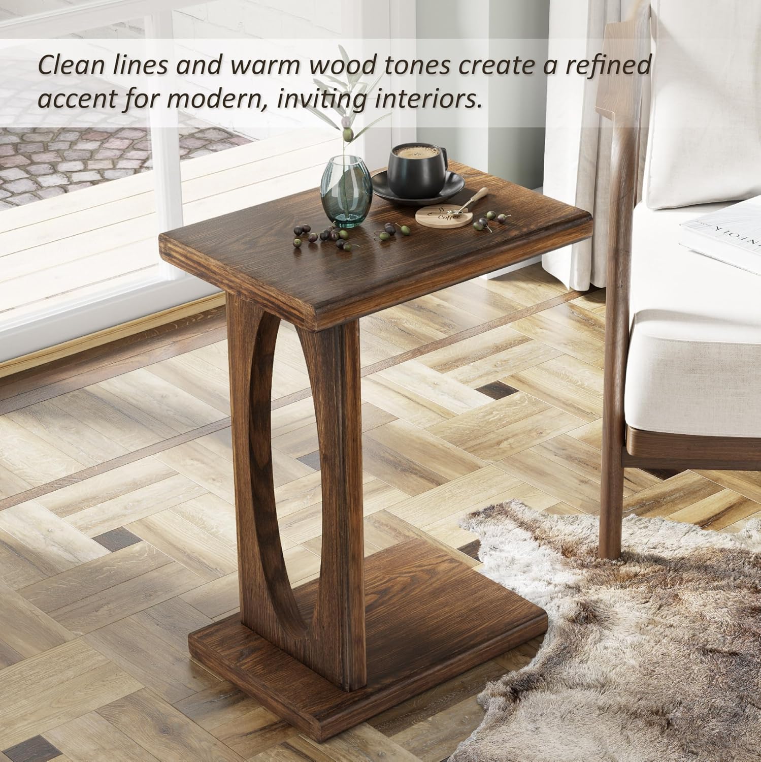 COZAYH Rustic C Shaped Side Table, Small Snack Sofa Side Table with Wood Frame for Living Room, Bedroom, Easy Assembly, Warm Brown Wood Color