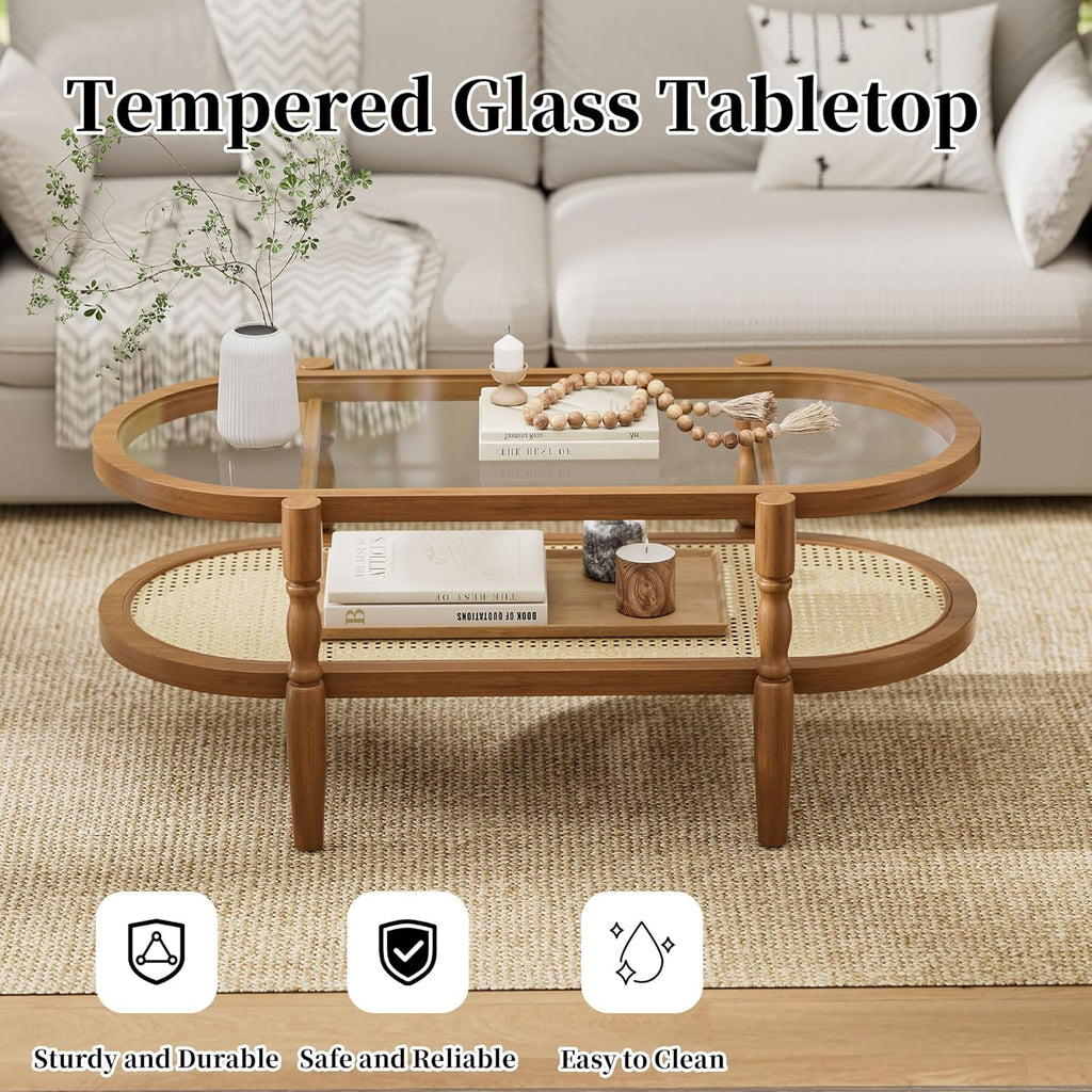 Rattan Coffee Table, Oval Cocktail Table with Glass Top and Solid Wood Frame, Boho Indoor & Outdoor Coffee Table, Brown, 40 in