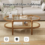 Rattan Coffee Table, Oval Cocktail Table with Glass Top and Solid Wood Frame, Boho Indoor & Outdoor Coffee Table, Brown, 40 in