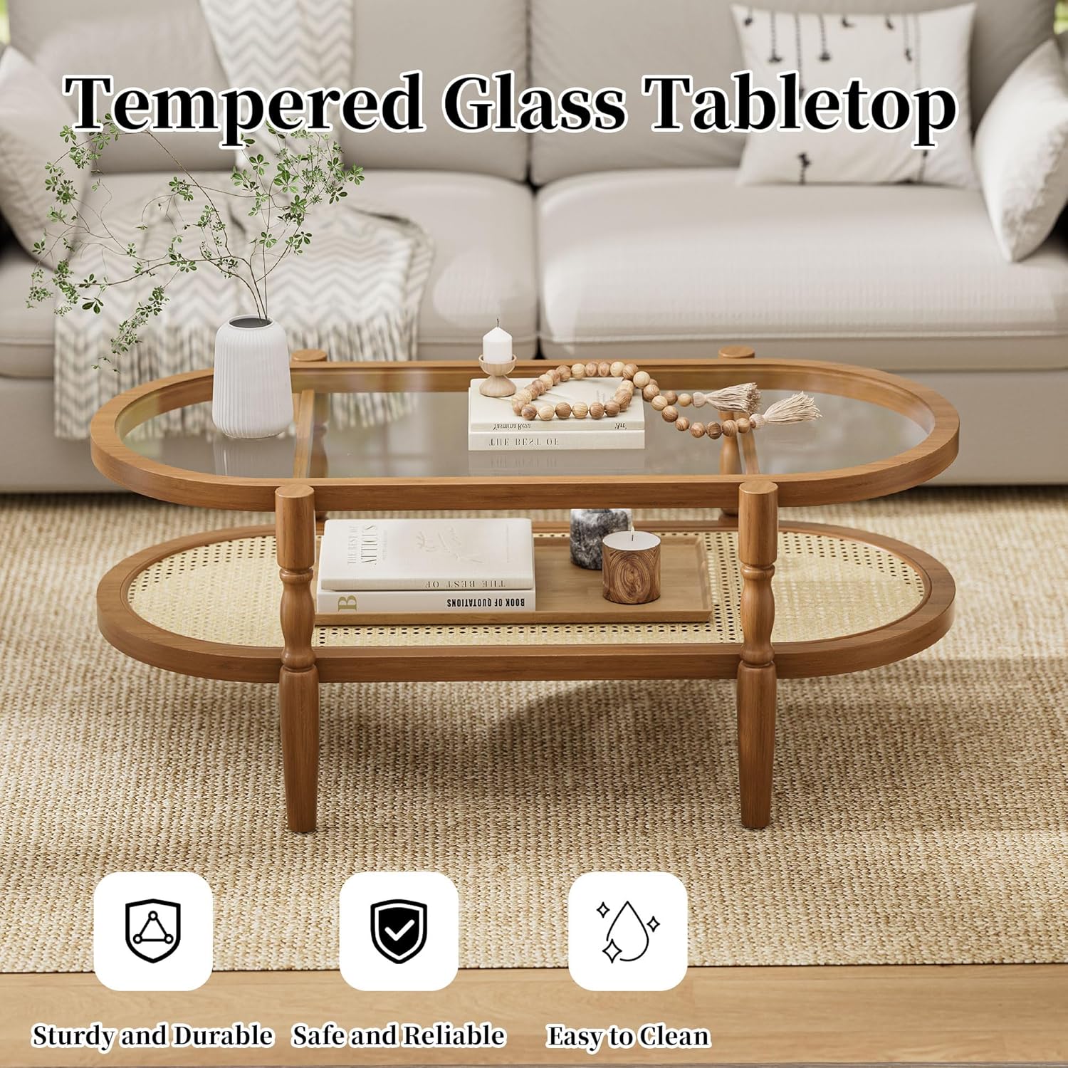 Rattan Coffee Table, Oval Cocktail Table with Glass Top and Solid Wood Frame, Boho Indoor & Outdoor Coffee Table, Brown, 40 in