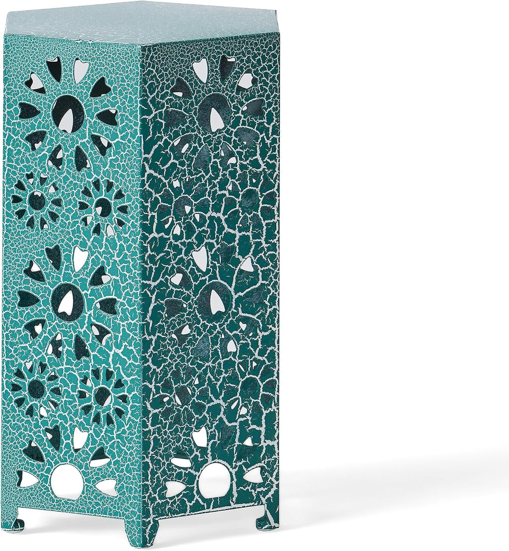 Eliana 12" Hexagonal Metal Side Table, Teal Crackle Finish Boho Accent Table with Cutout Floral Design, Sturdy Iron End Table for Living Room Bedroom Patio Decor