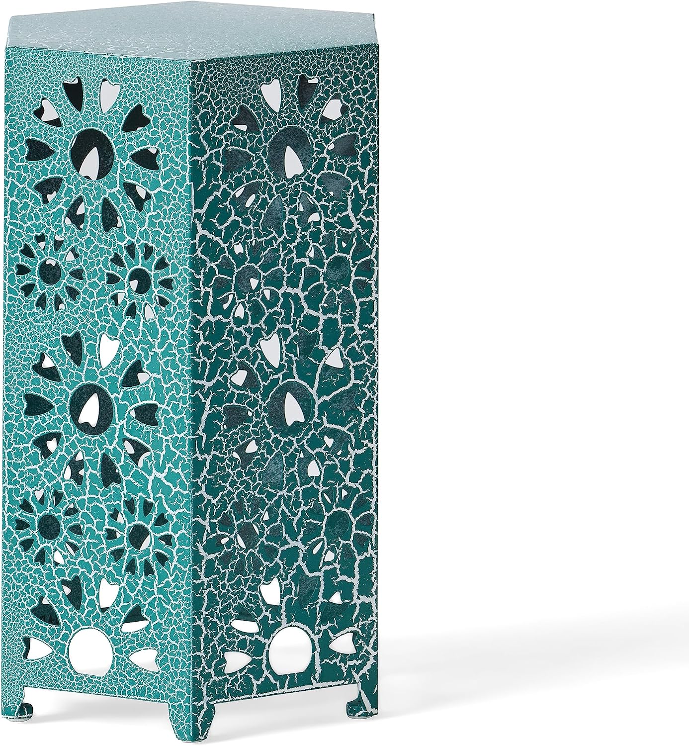 Eliana 12" Hexagonal Metal Side Table, Teal Crackle Finish Boho Accent Table with Cutout Floral Design, Sturdy Iron End Table for Living Room Bedroom Patio Decor