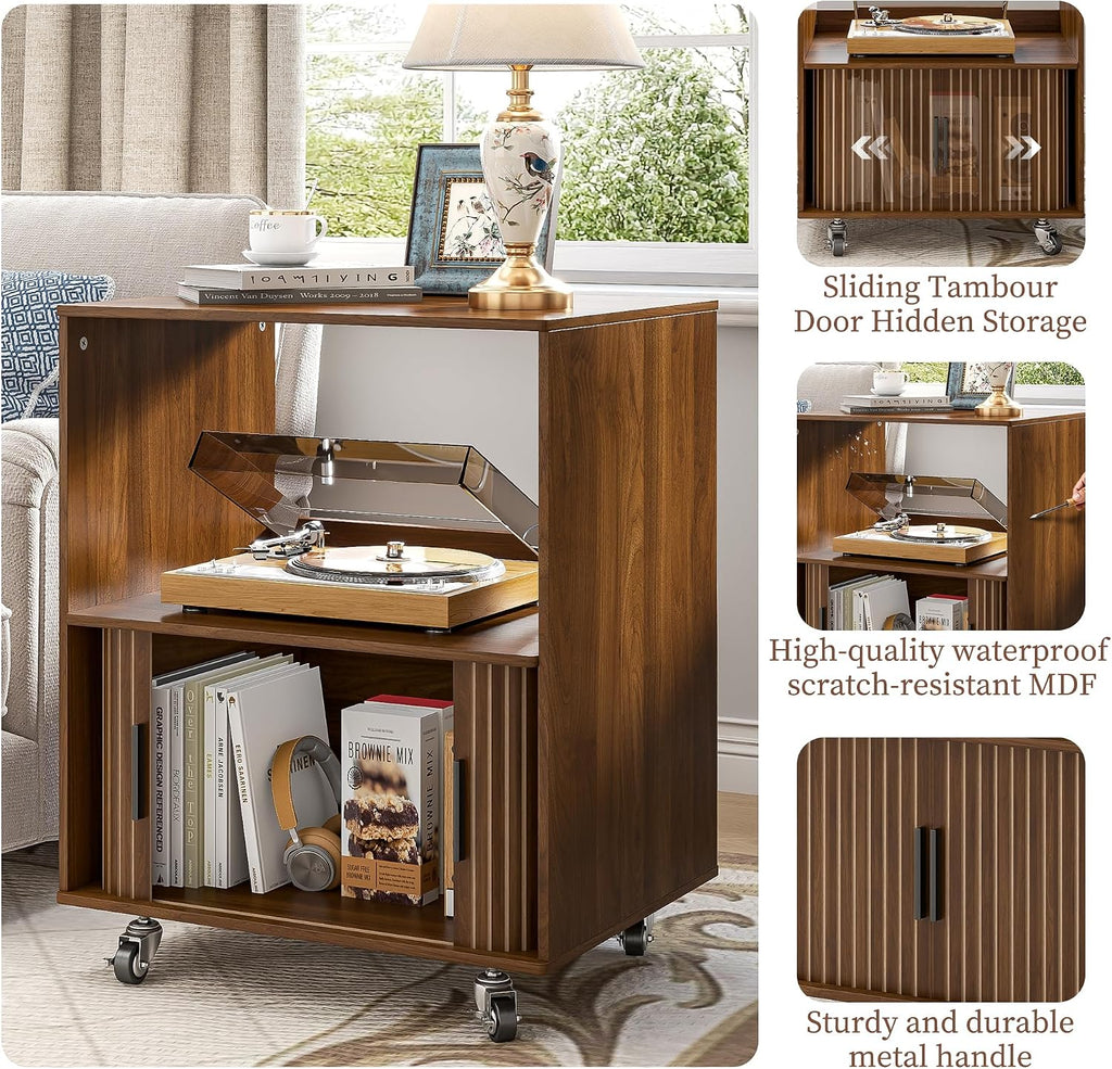 Side Table with Storage, Small End Tables with Sliding Door, Rolling Night Stand with Wheels, Mid Century Modern Bedside for Living Room, Bedroom, Small Space (Walnut)