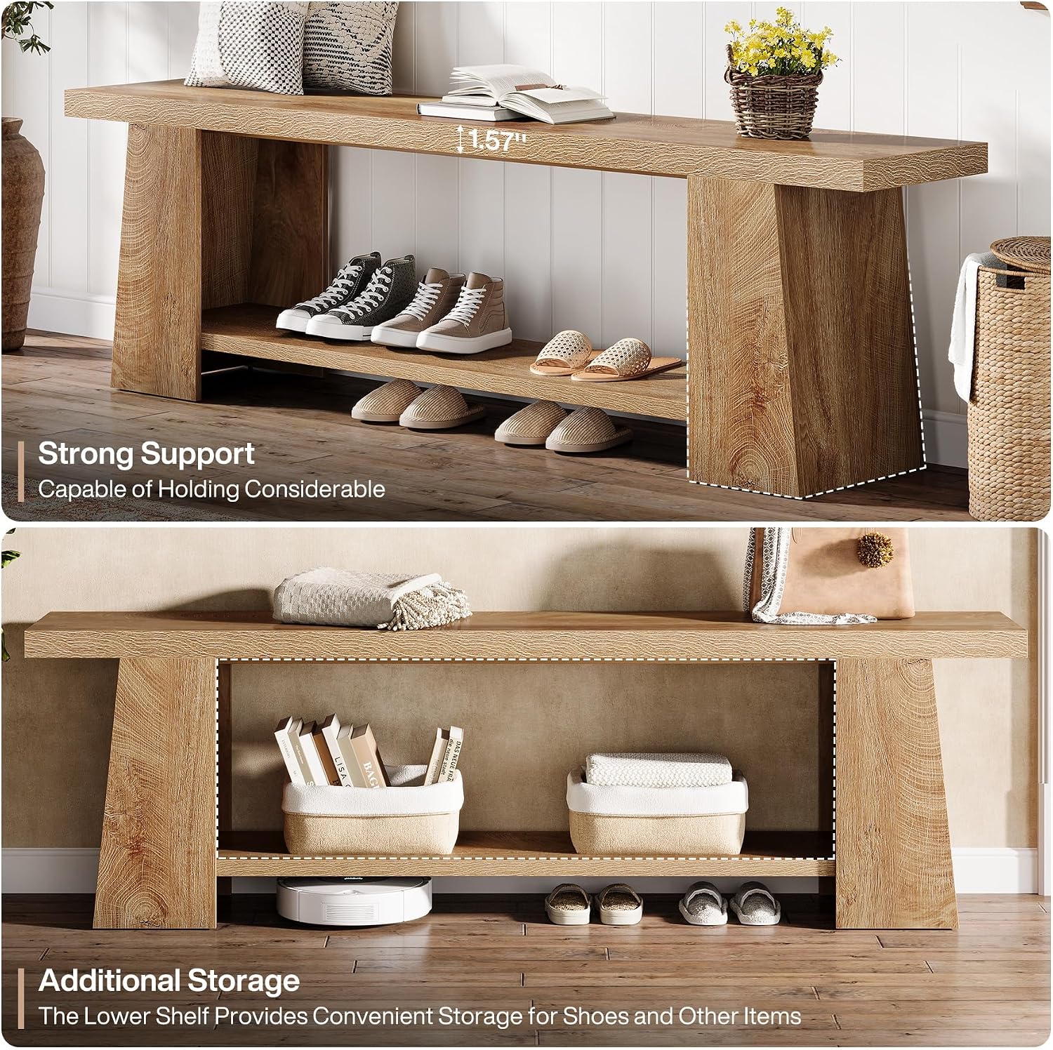 Tribesigns 2-Tier Entryway Bench, 59-Inch Extra Long Shoe Bench with Storage Shelves, Wood End of Bed Seat, Farmhouse Hallway Foyer Seat with Open Shelves for Entryway, Bedroom, Living Room, Natural