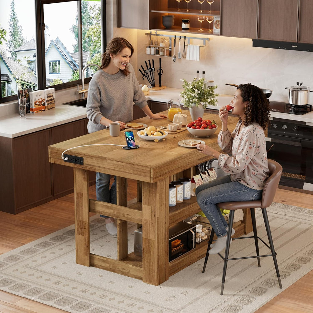 PAKASEPT 55" Kitchen Island with Storage, 3-Tier Farmhouse Wood Island Table with Power Outlets,Shelves for Kitchen, Dining Table for 4,Dining Room,Living Room,Home Bar,Brown