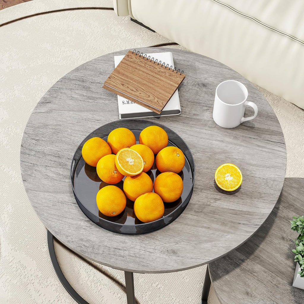 HOJINLINERO Round Coffee Table,Nesting Coffee Table Set of 2,Center Tables for Living Room,Office, Home Small Space,Stacking Side Tables,Sturdy and Easy Assembly,Wood Desktop,Black+Warm Grey,Large