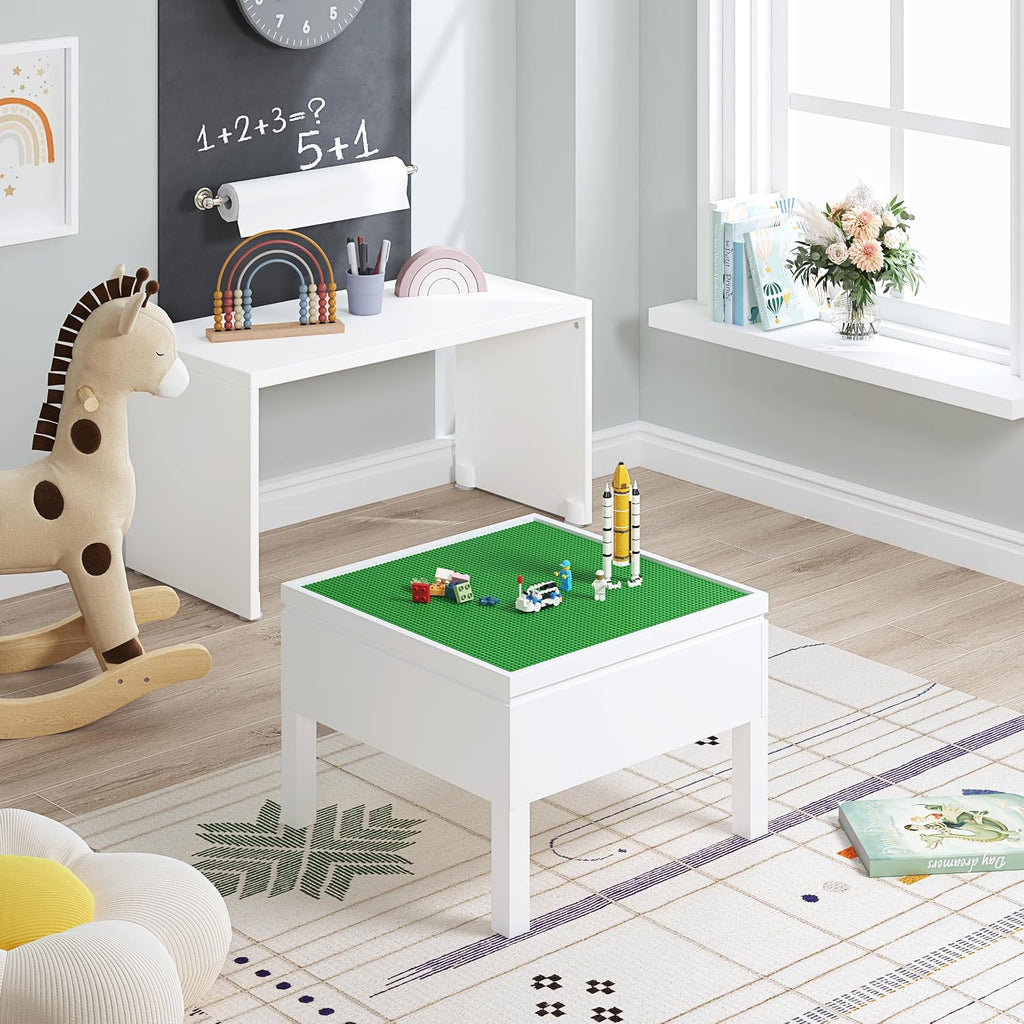 UTEX 3 in 1 Kids Activity Table with Storage, Kids Construction Play Table Compatible with Lego and Duplo Bricks, Chess Table for Building Block, Drawing, Crafts