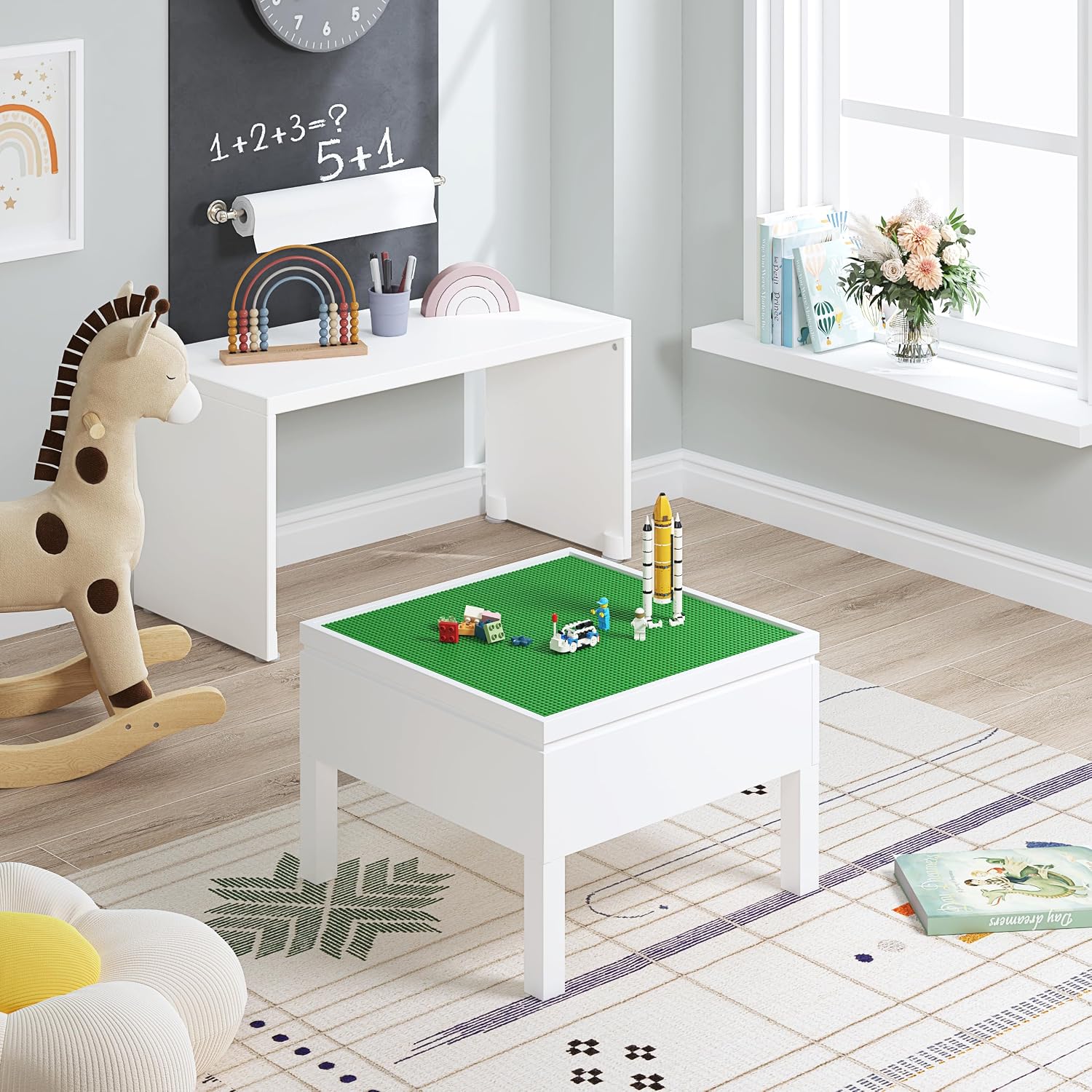 UTEX 3 in 1 Kids Activity Table with Storage, Kids Construction Play Table Compatible with Lego and Duplo Bricks, Chess Table for Building Block, Drawing, Crafts