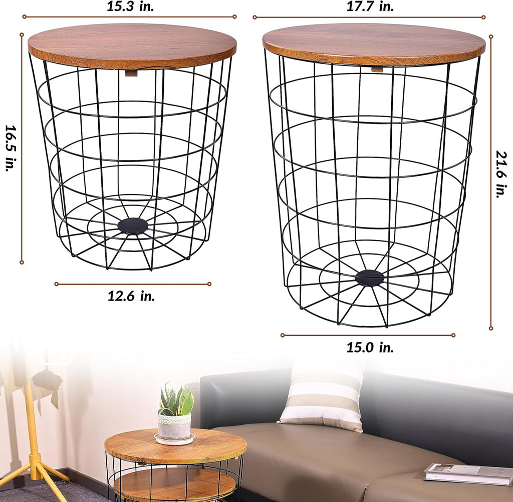 Elevon Wire Basket Base with Wood Tops Side Table Set of 2, Brown